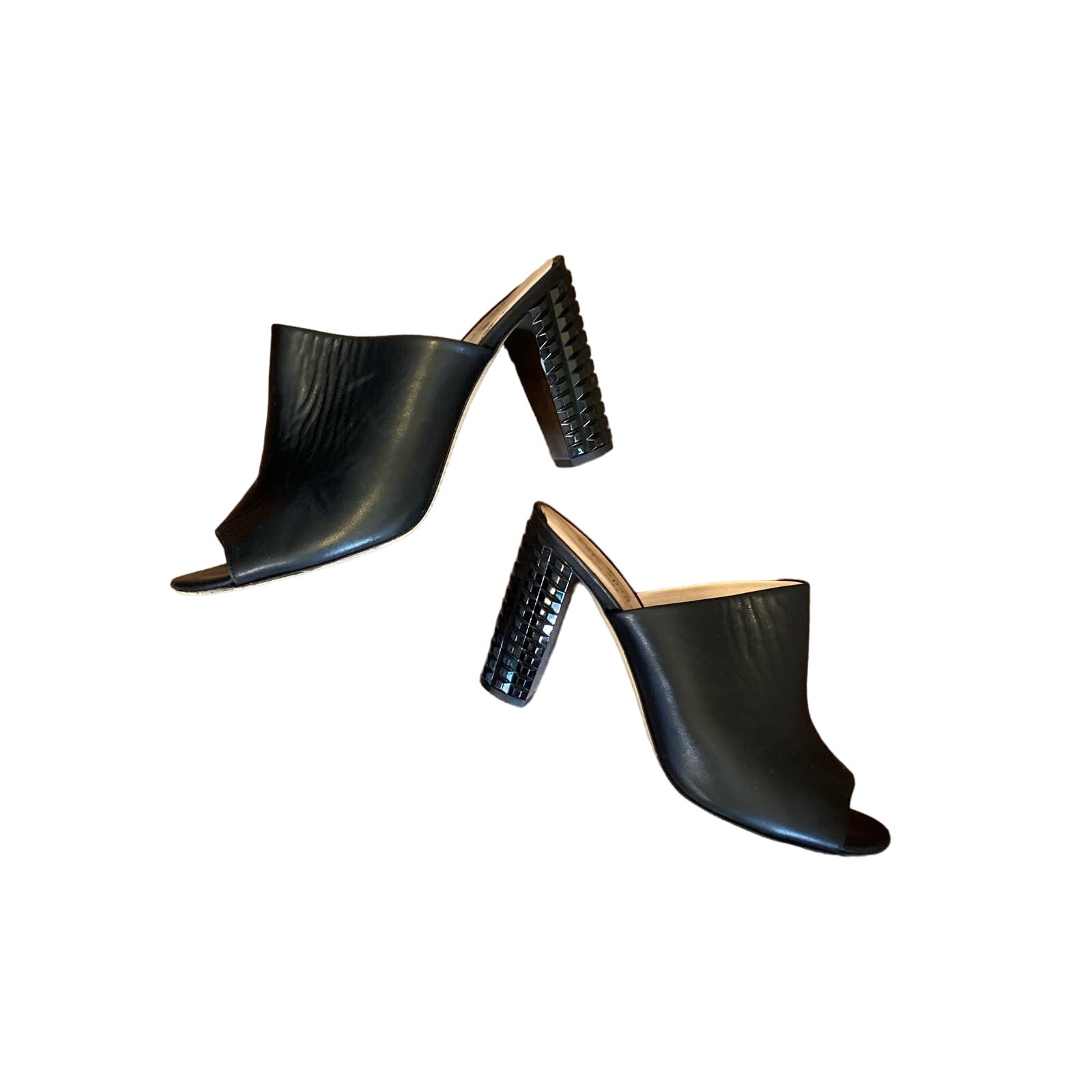 Kate Spade Black Leather Slide Mules W Geometric Glossy Stacked Heel 7.5